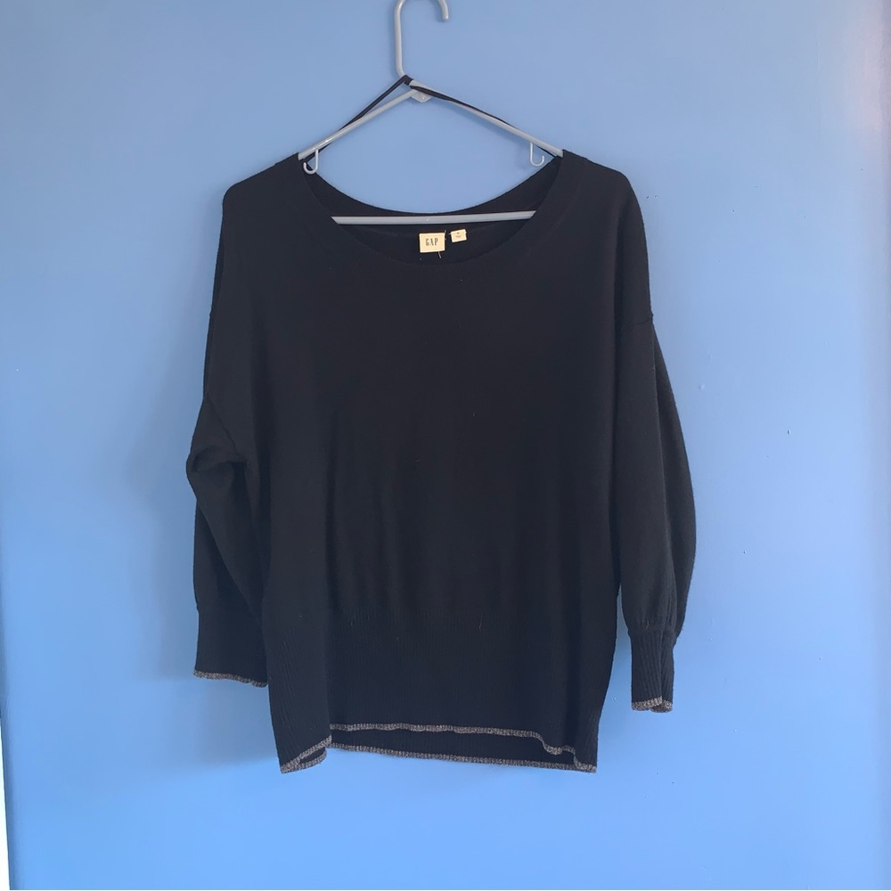 Black Drop Sleeve Sweater with 3/4 length Sleeves and small grey edge detail